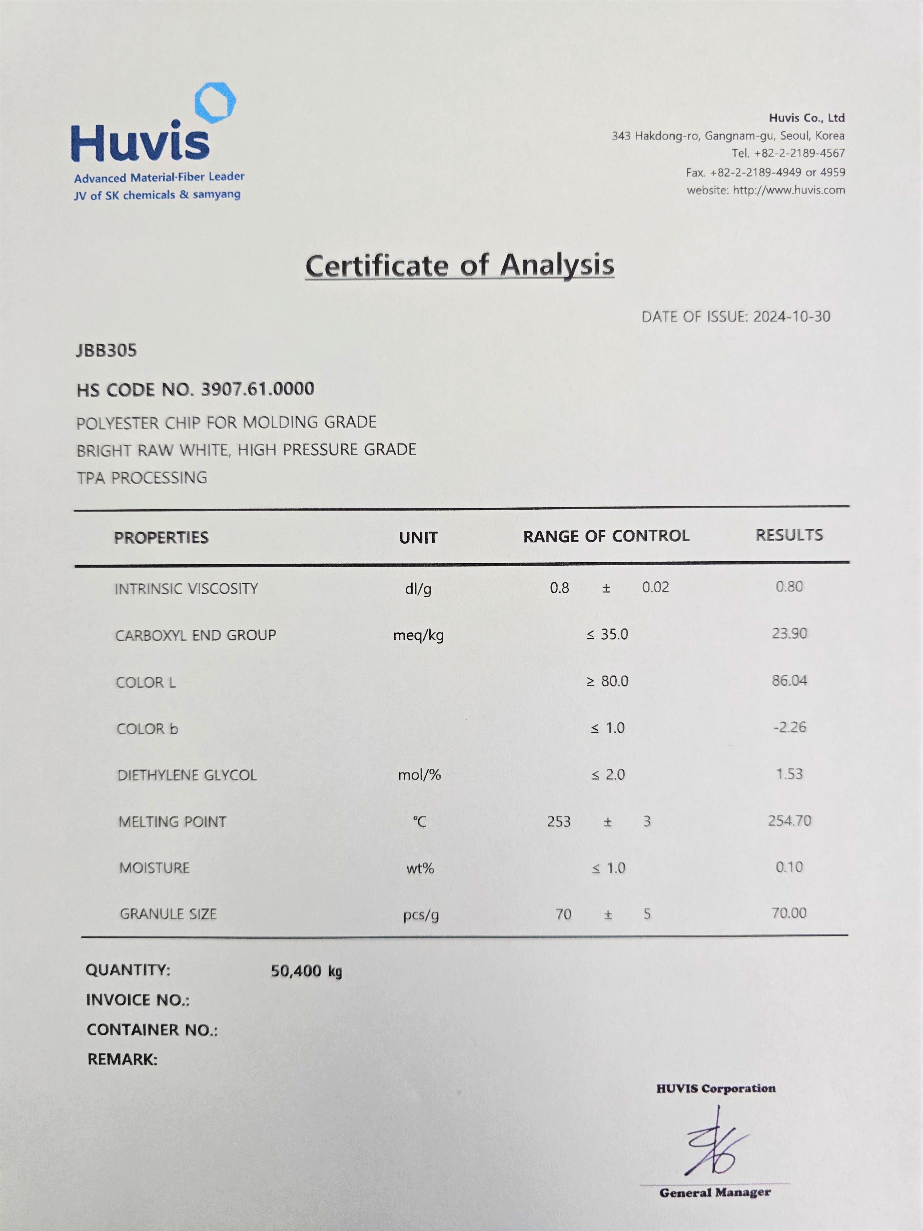 PET JBB305 Certificate of Analysis
