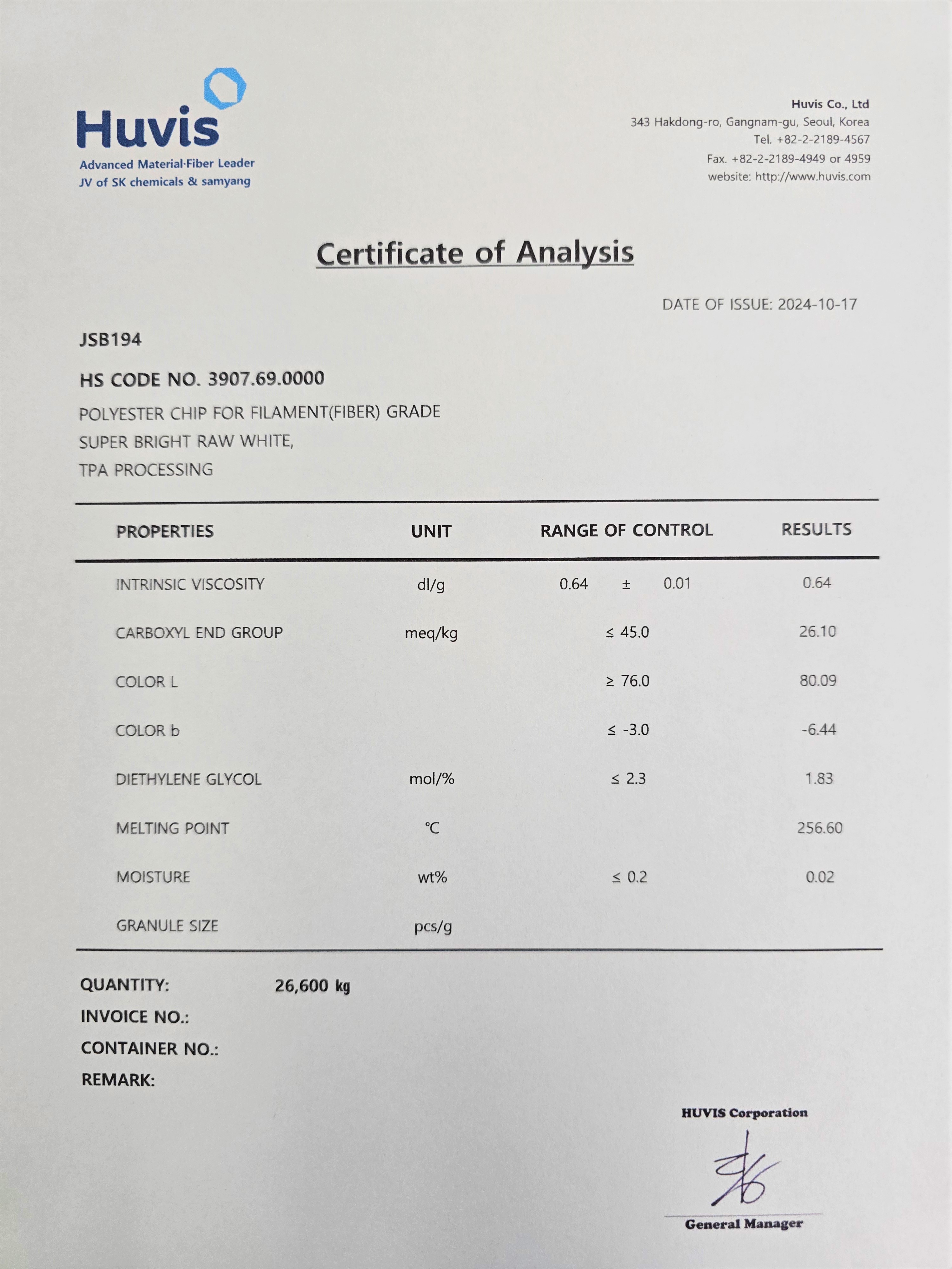 PET JSB194 Certificate of Analysis